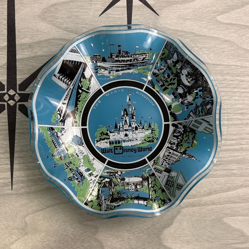 Vintage Midcentury Disney Blue Decorative Dish with Iconic Scenes